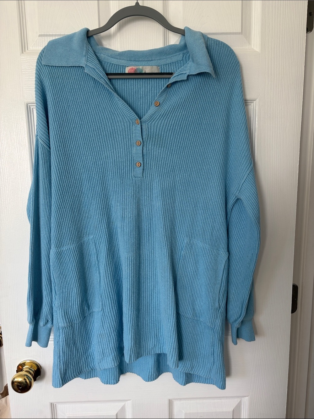 Free People Sky Blue Waffle Knit Henley Pullover